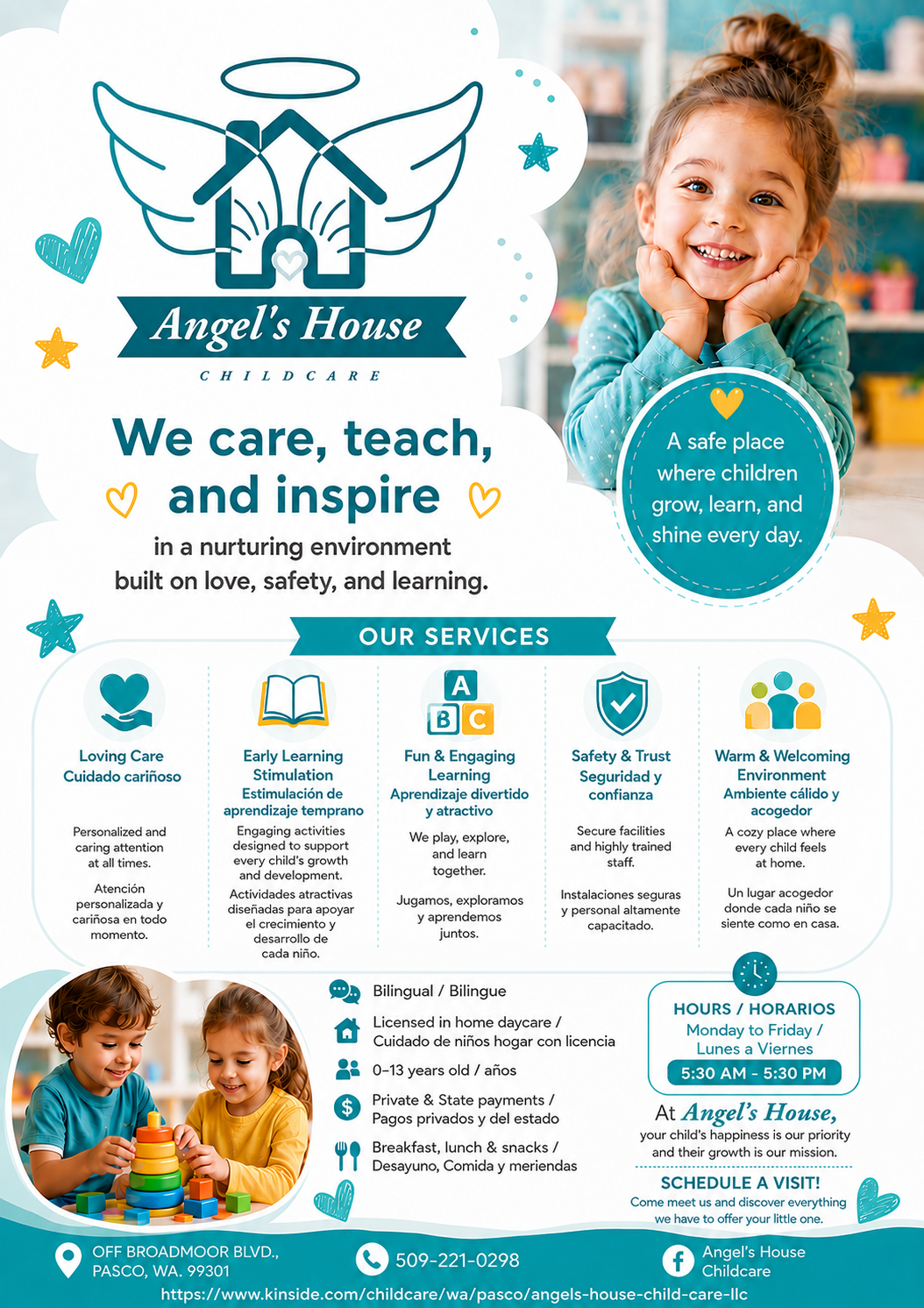 Angel's House Childcare flyer with children and services